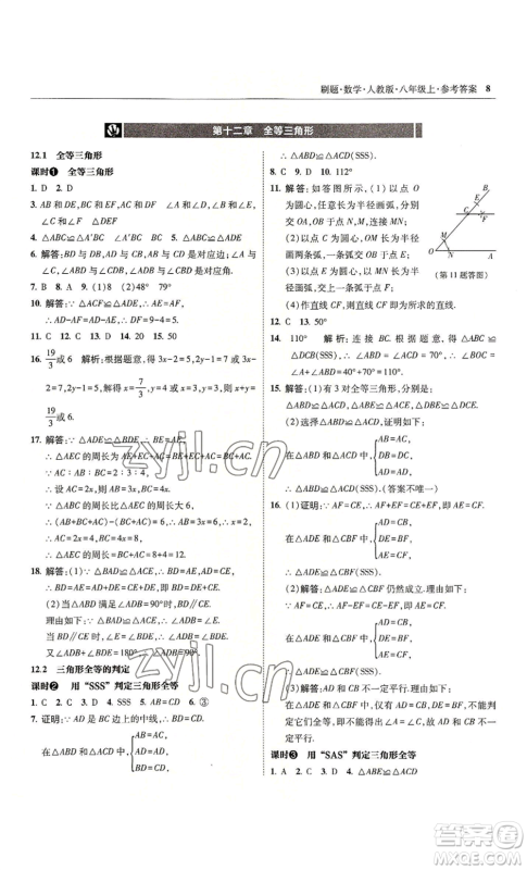 东北师范大学出版社2022北大绿卡刷题八年级上册数学人教版参考答案