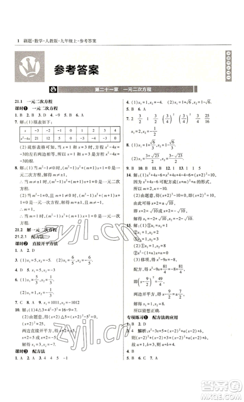 东北师范大学出版社2022北大绿卡刷题九年级上册数学人教版参考答案