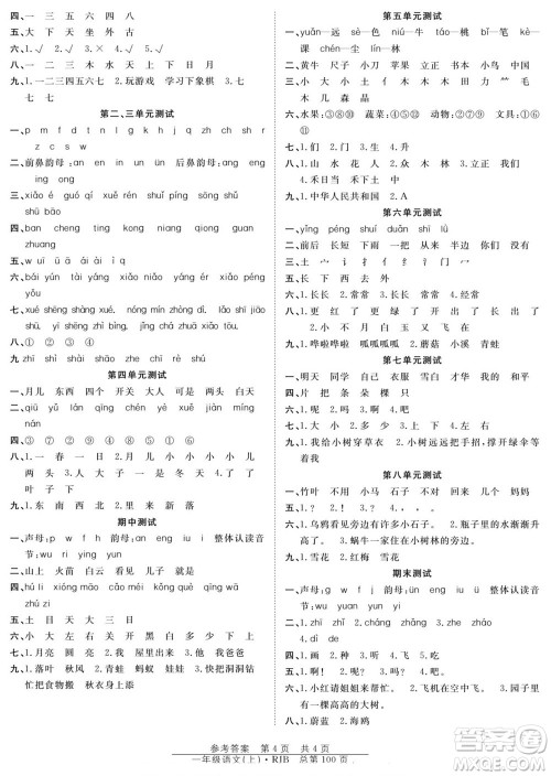 团结出版社2022秋阳光训练课时作业语文一年级上册RJ人教版答案