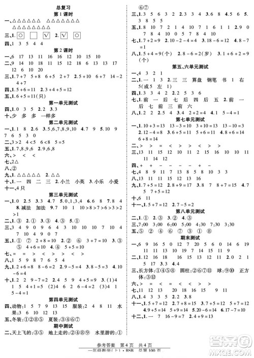 团结出版社2022秋阳光训练课时作业数学一年级上册BS北师版答案