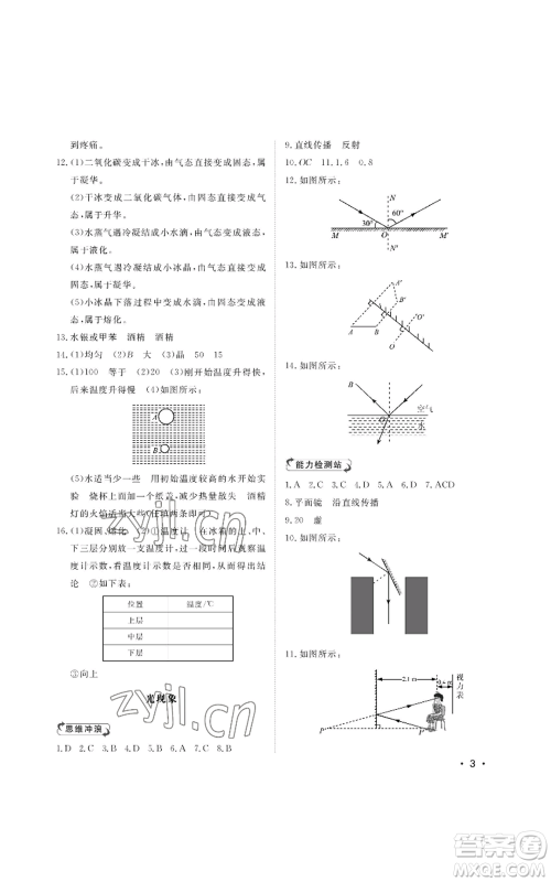 山东人民出版社2022初中卷行知天下八年级上册物理人教版参考答案