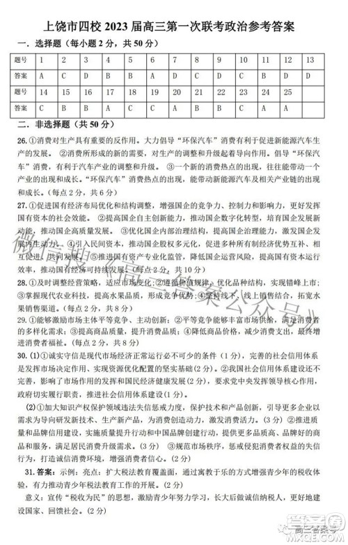 江西省六校2023届高三10月联考政治试题及答案 江西省六校2023届高三10月联考政治试题及答案
