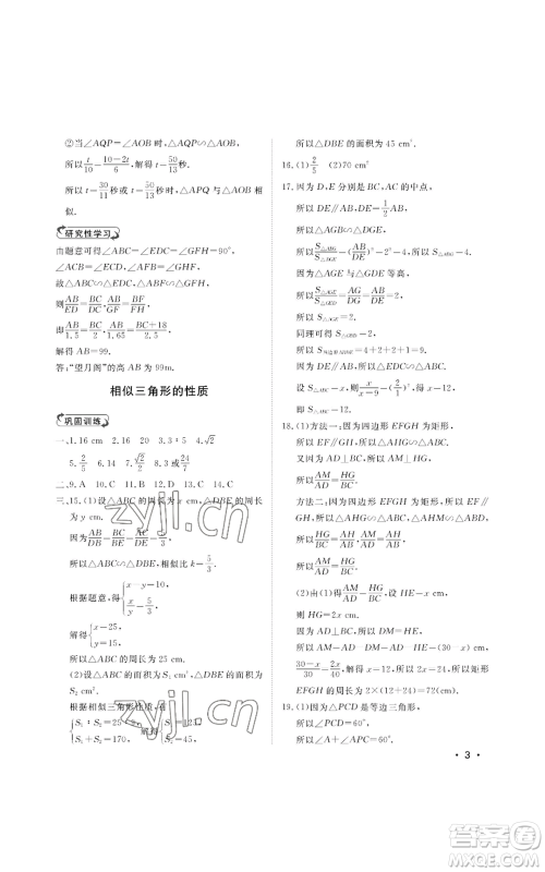 山东人民出版社2022初中卷行知天下九年级上册数学青岛版参考答案