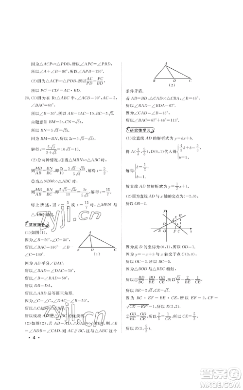 山东人民出版社2022初中卷行知天下九年级上册数学青岛版参考答案