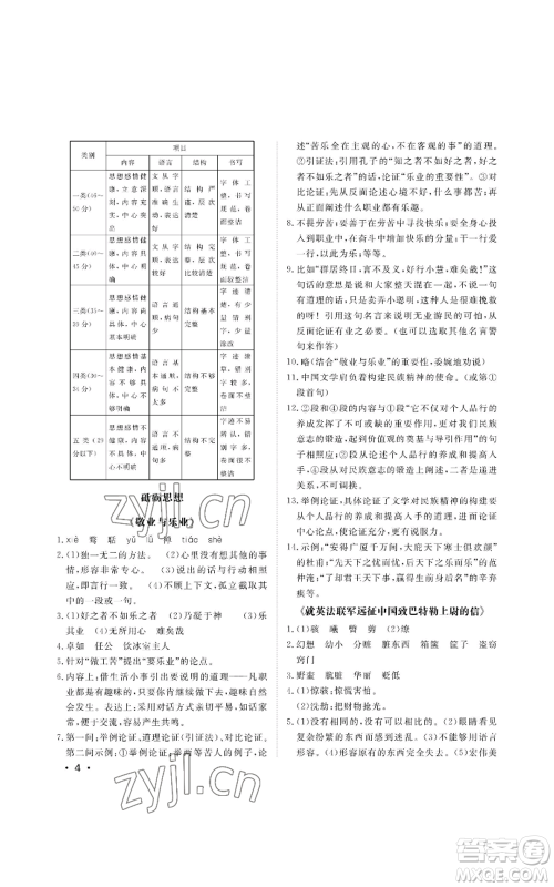 山东人民出版社2022初中卷行知天下九年级上册语文人教版参考答案