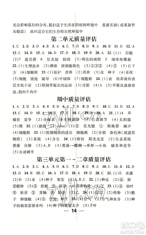 江西教育出版社2022精英新课堂三点分层作业七年级上册生物人教版参考答案 江西教育出版社2022精英新课堂三点分层作业七年级上册生物人教版参考答案
