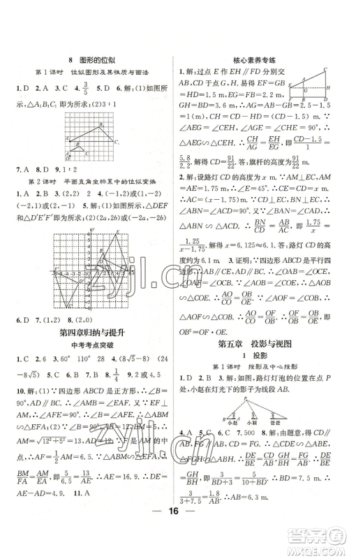 江西教育出版社2022精英新课堂三点分层作业九年级上册数学北师大版参考答案