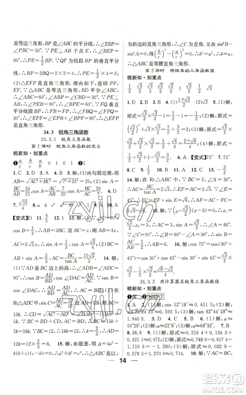 阳光出版社2022精英新课堂九年级上册数学华师大版参考答案