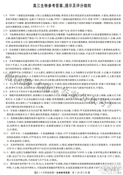 2023届九师联盟高三9月质量检测巩固卷LG生物试题及答案 2023届九师联盟高三9月质量检测巩固卷LG生物试题及答案