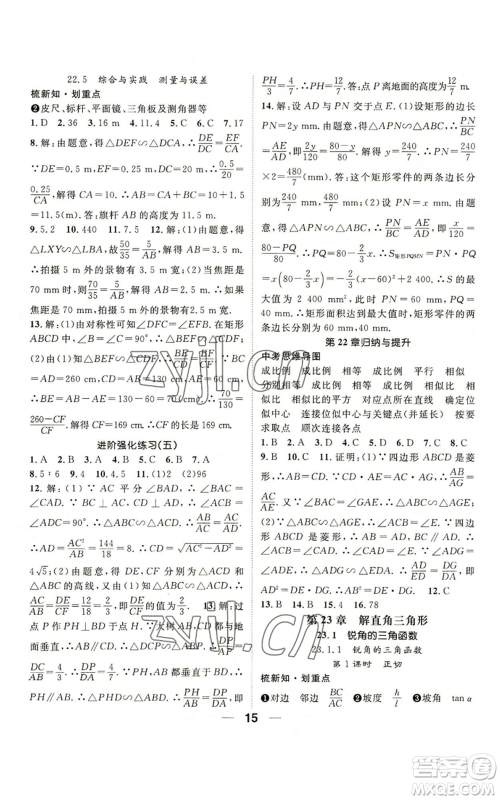 阳光出版社2022精英新课堂九年级上册数学沪科版参考答案 阳光出版社2022精英新课堂九年级上册数学沪科版参考答案