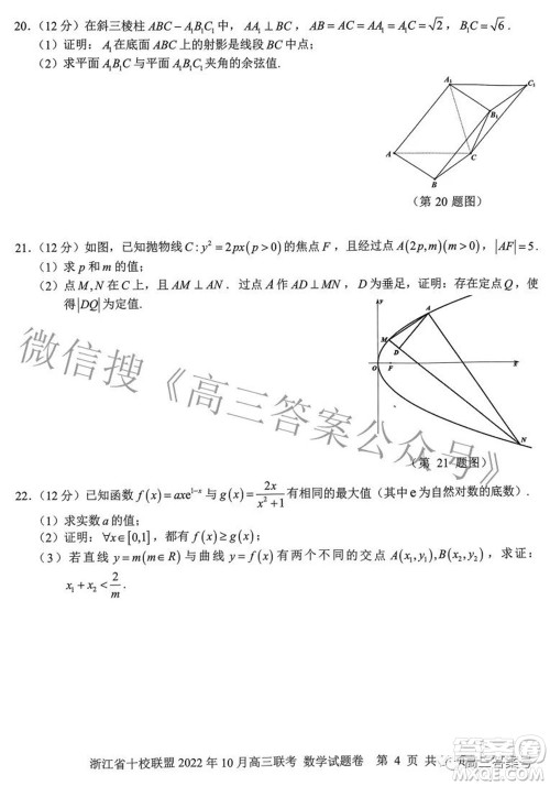 浙江省十校联盟2022年10月高三联考数学试题卷及答案