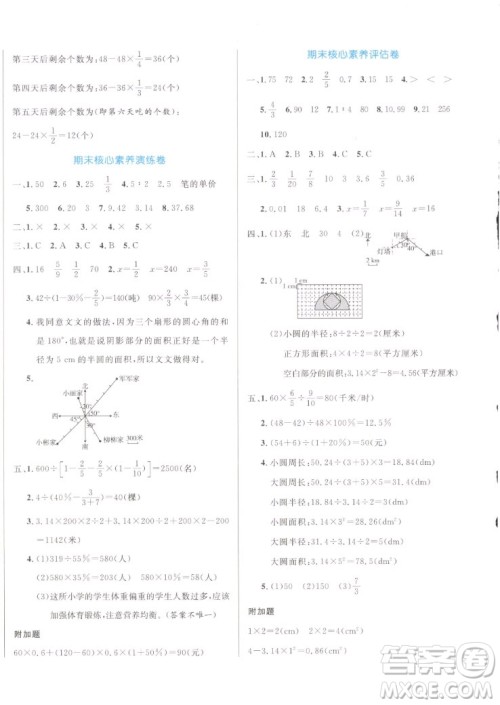 沈阳出版社2022秋黄冈名卷六年级上册数学人教版参考答案