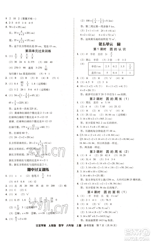 广东人民出版社2022完美学案六年级上册数学人教版参考答案