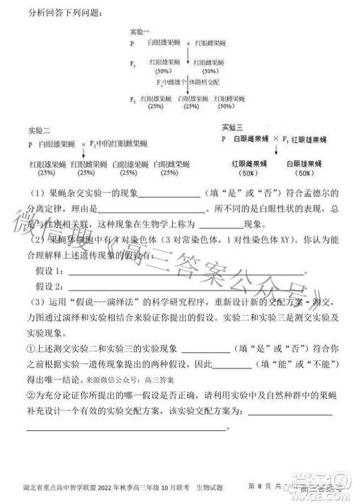 湖北省重点高中智学联盟2022年秋季高三年级10月联考生物试题及答案 湖北省重点高中智学联盟2022年秋季高三年级10月联考生物试题及答案