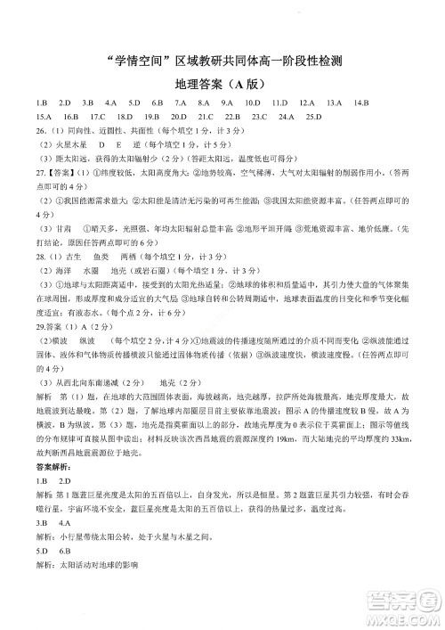 2022年山东省学情空间区域教研共同体高一10月份联考地理试题及答案 2022年山东省学情空间区域教研共同体高一10月份联考地理试题及答案