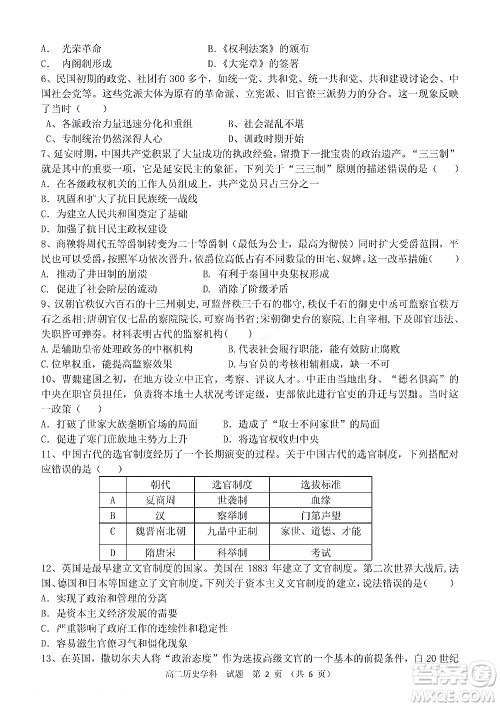 2022学年第一学期浙江省精诚联盟10月联考高二年级历史学科试题及答案