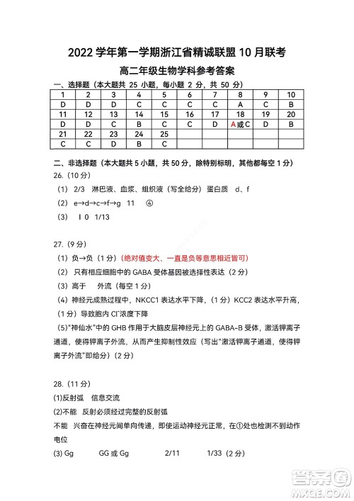 2022学年第一学期浙江省精诚联盟10月联考高二年级生物学科试题及答案 2022学年第一学期浙江省精诚联盟10月联考高二年级生物学科试题及答案