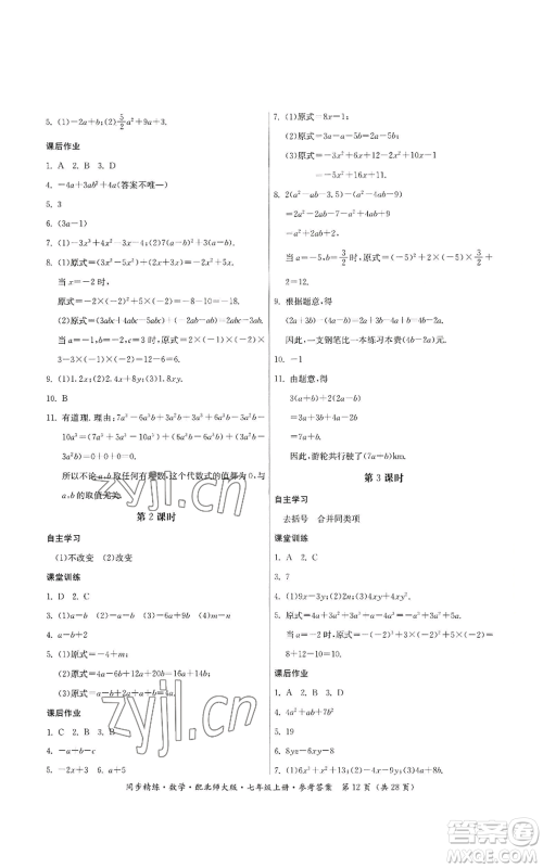 广东人民出版社2022同步精练七年级上册数学北师大版参考答案