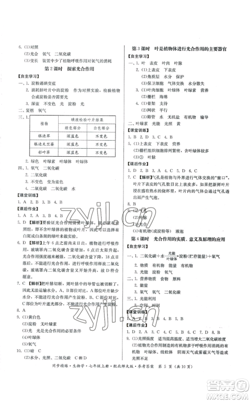 广东人民出版社2022同步精练七年级上册生物学北师大版参考答案