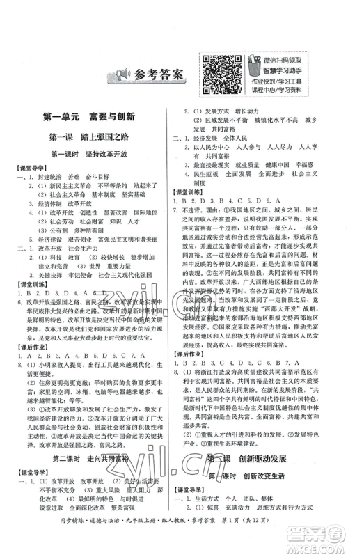 广东人民出版社2022同步精练九年级上册道德与法治人教版参考答案