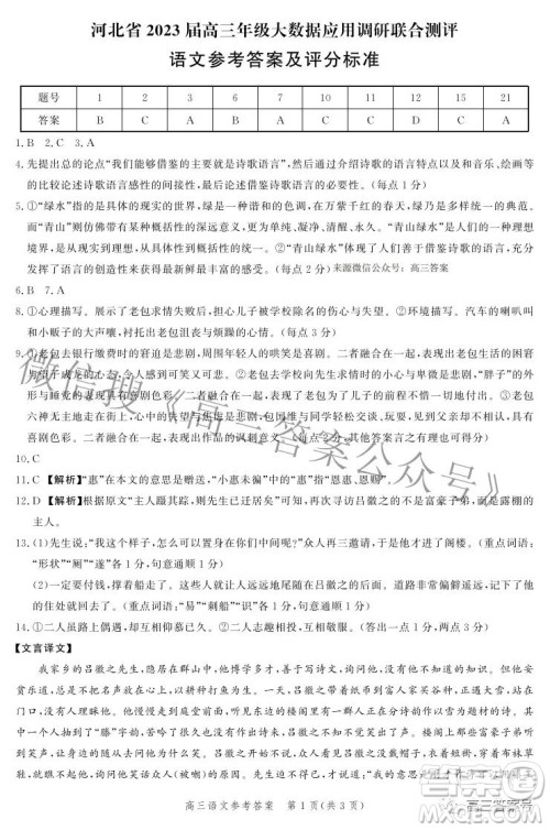 河北省2023届高三年级大数据应用调研联合测评语文试题及答案 河北省2023届高三年级大数据应用调研联合测评语文试题及答案