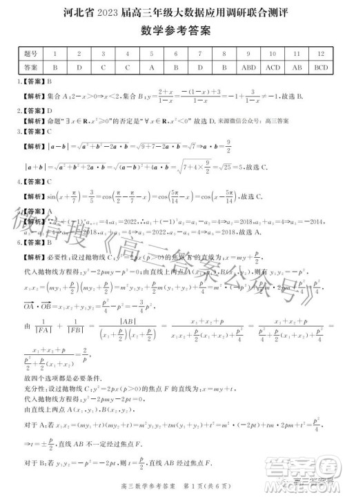 河北省2023届高三年级大数据应用调研联合测评数学试题及答案 河北省2023届高三年级大数据应用调研联合测评数学试题及答案