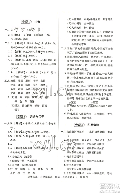 天津科学技术出版社2022追梦之旅铺路卷六年级上册语文人教版河南专版参考答案 天津科学技术出版社2022追梦之旅铺路卷六年级上册语文人教版河南专版参考答案