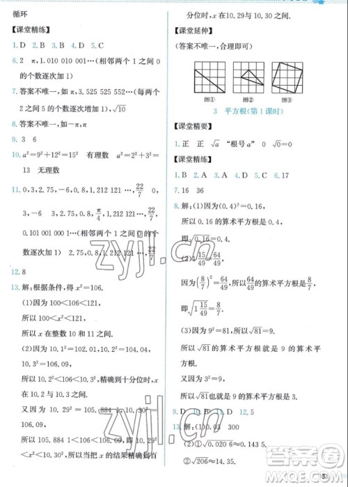 北京师范大学出版社2022秋课堂精练数学八年级上册北师大版答案