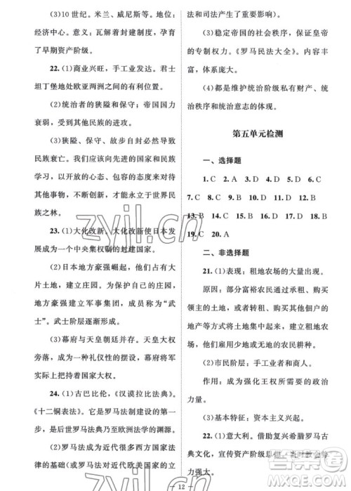 北京师范大学出版社2022秋课堂精练世界历史九年级上册江苏专版答案
