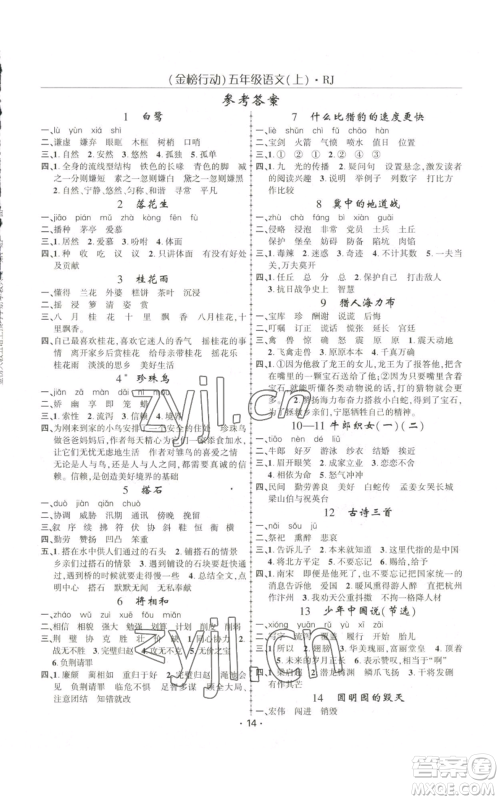 新疆文化出版社2022金榜行动五年级上册语文人教版参考答案