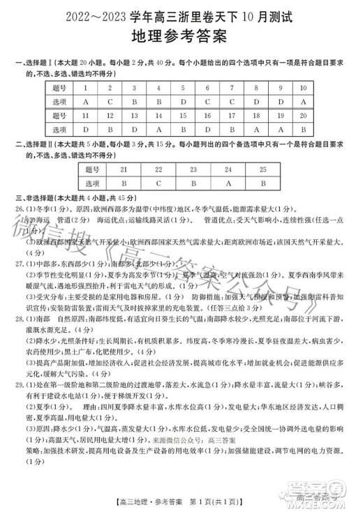 2022-2023学年高三浙里卷天下10月测试地理试题及答案