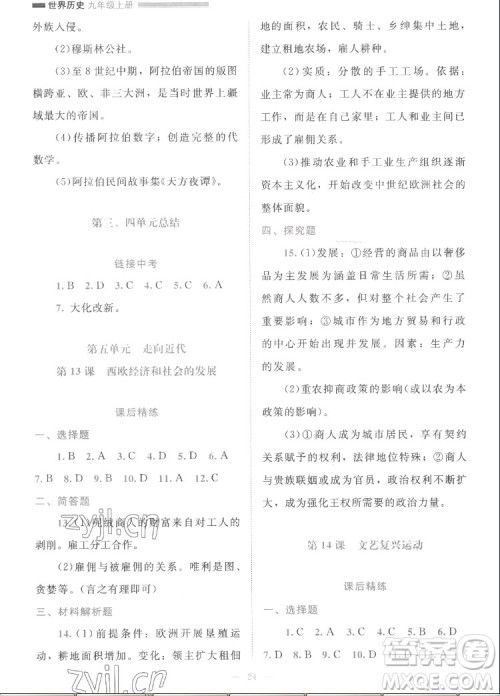 北京师范大学出版社2022秋课堂精练世界历史九年级上册人教版答案