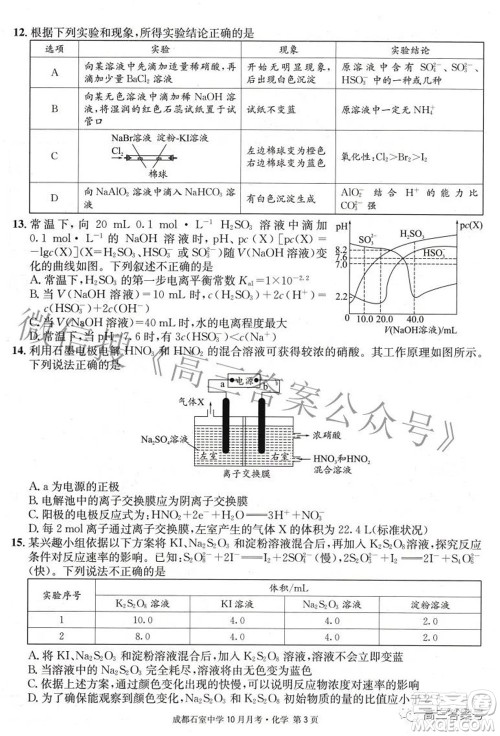 成都石室中学2022-2023学年度上期高2023届10月月考化学试题及答案 成都石室中学2022-2023学年度上期高2023届10月月考化学试题及答案