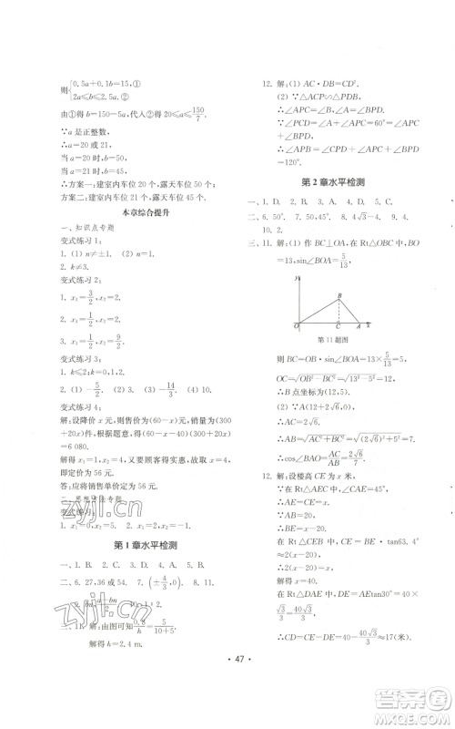 山东教育出版社2022初中基础训练九年级上册数学人教版参考答案