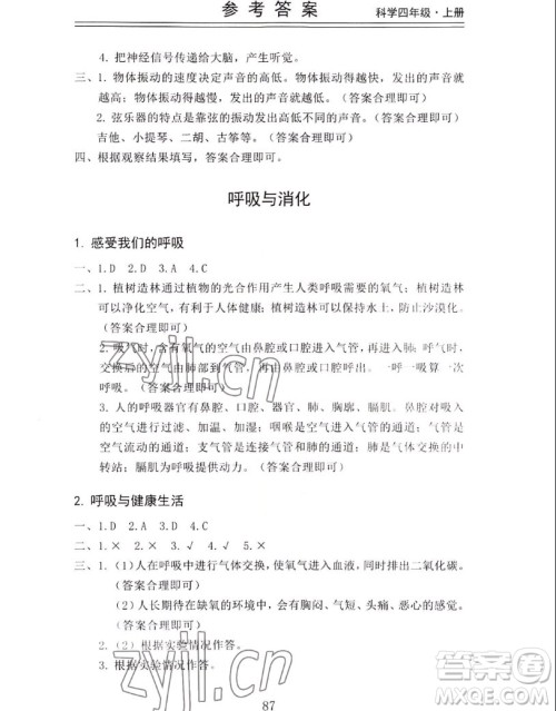 山东科学技术出版社2022秋新思维伴你学四年级上册科学教科版答案