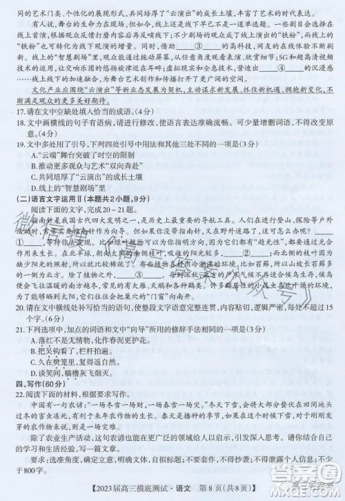 南宁市2023届高中毕业班摸底测试语文试题及答案