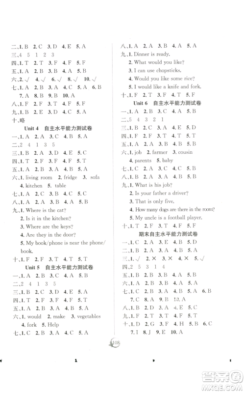 长江少年儿童出版社2022优质课堂快乐成长四年级上册英语人教版参考答案