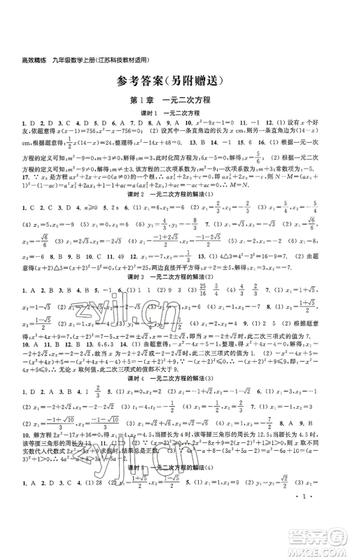 安徽人民出版社2022高效精练九年级上册数学苏科版参考答案 安徽人民出版社2022高效精练九年级上册数学苏科版参考答案