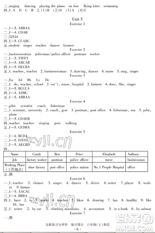 浙江人民出版社2022秋全程练习与评价六年级上册英语人教版答案