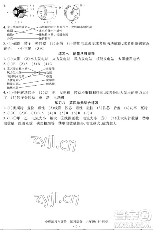 浙江人民出版社2022秋全程练习与评价六年级上册科学教科版答案