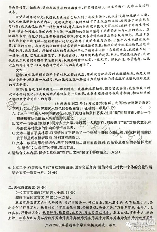 广西2023届普通高中毕业班摸底测试语文试题及答案