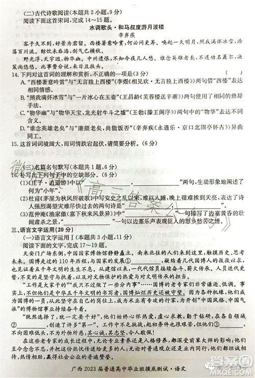 广西2023届普通高中毕业班摸底测试语文试题及答案