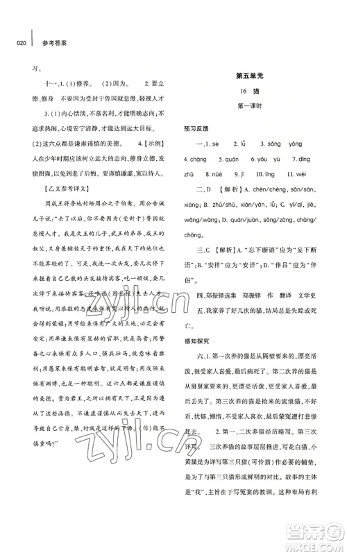 大象出版社2022基础训练七年级上册语文人教版参考答案 大象出版社2022基础训练七年级上册语文人教版参考答案