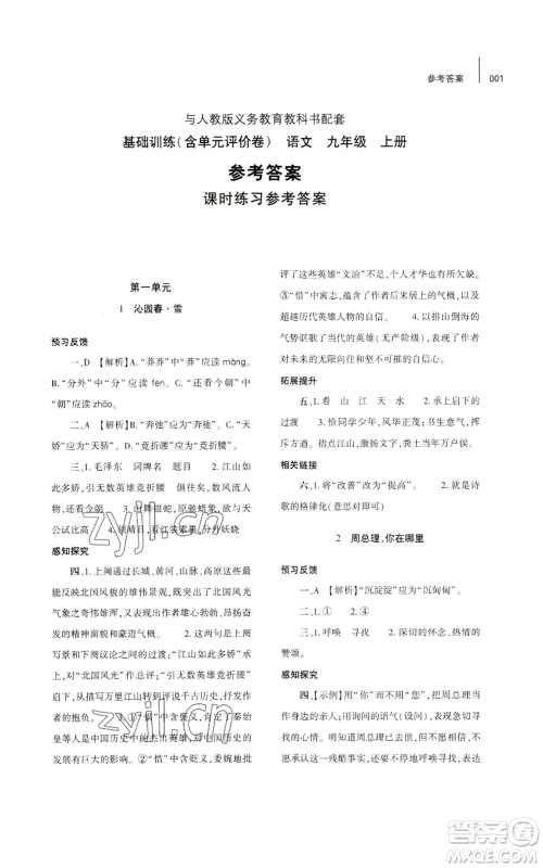 大象出版社2022基础训练九年级上册语文人教版参考答案 大象出版社2022基础训练九年级上册语文人教版参考答案
