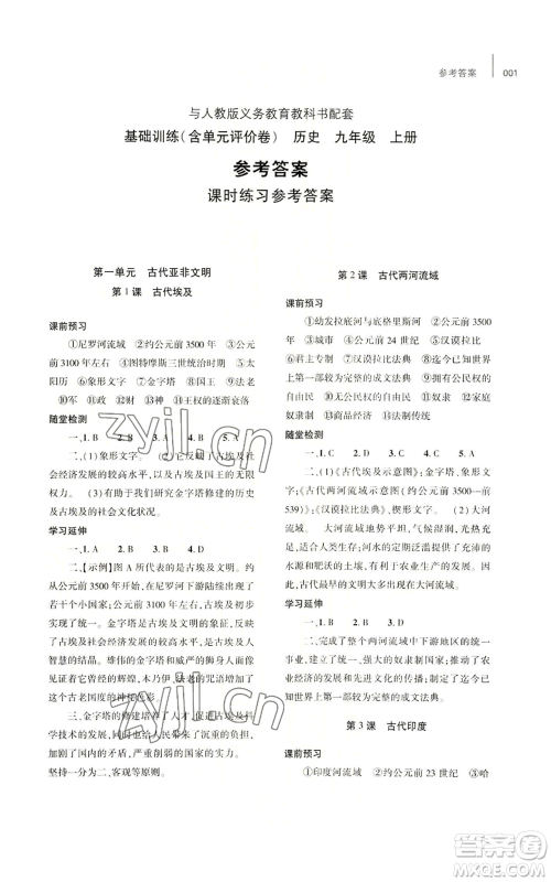 大象出版社2022基础训练九年级上册历史人教版参考答案 大象出版社2022基础训练九年级上册历史人教版参考答案