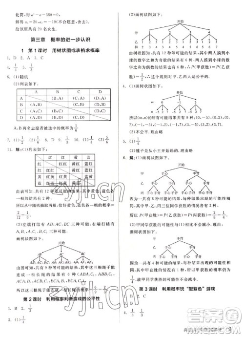 阳光出版社2022秋练就优等生同步作业数学九年级上册BS北师版答案