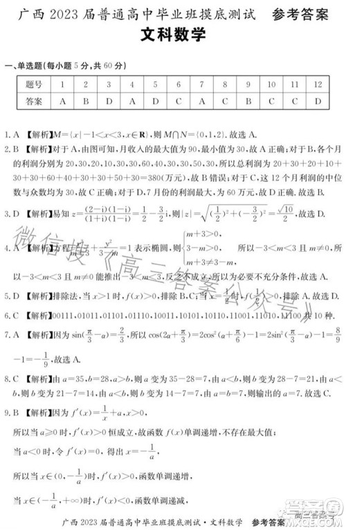 广西2023届普通高中毕业班摸底测试文科数学试题及答案