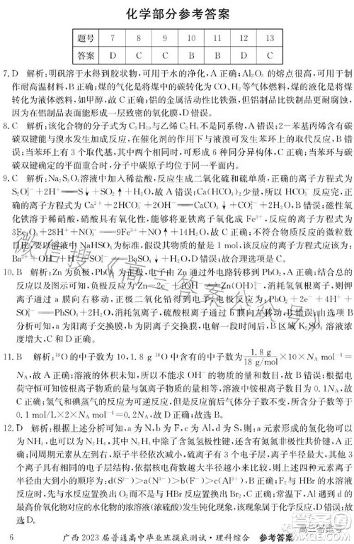 广西2023届普通高中毕业班摸底测试理科综合试题及答案 广西2023届普通高中毕业班摸底测试理科综合试题及答案