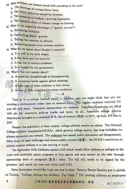 广西2023届普通高中毕业班摸底测试英语试题及答案