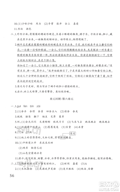 新疆青少年出版社2022优学1+1评价与测试三年级上册语文人教版参考答案